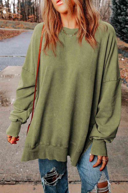 Dropped Shoulder Round Neck Long Sleeve Blouse - Create the impossible