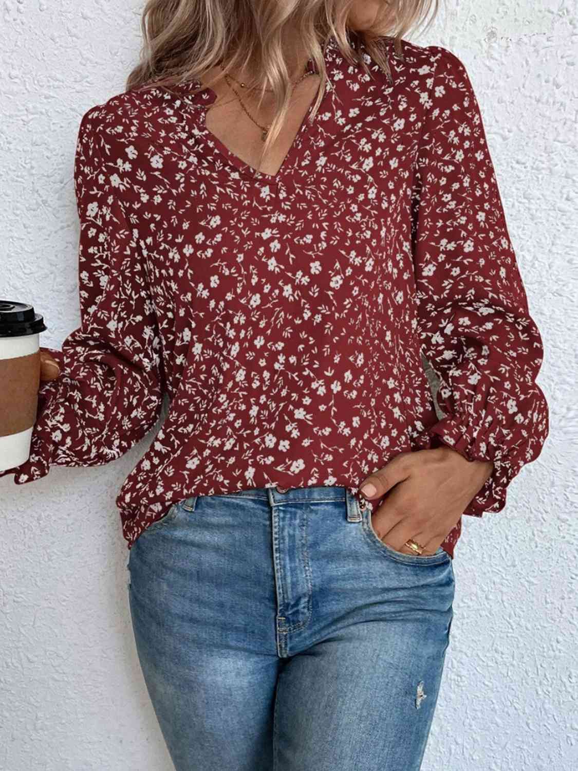 Notched Neck Flounce Sleeve Blouse