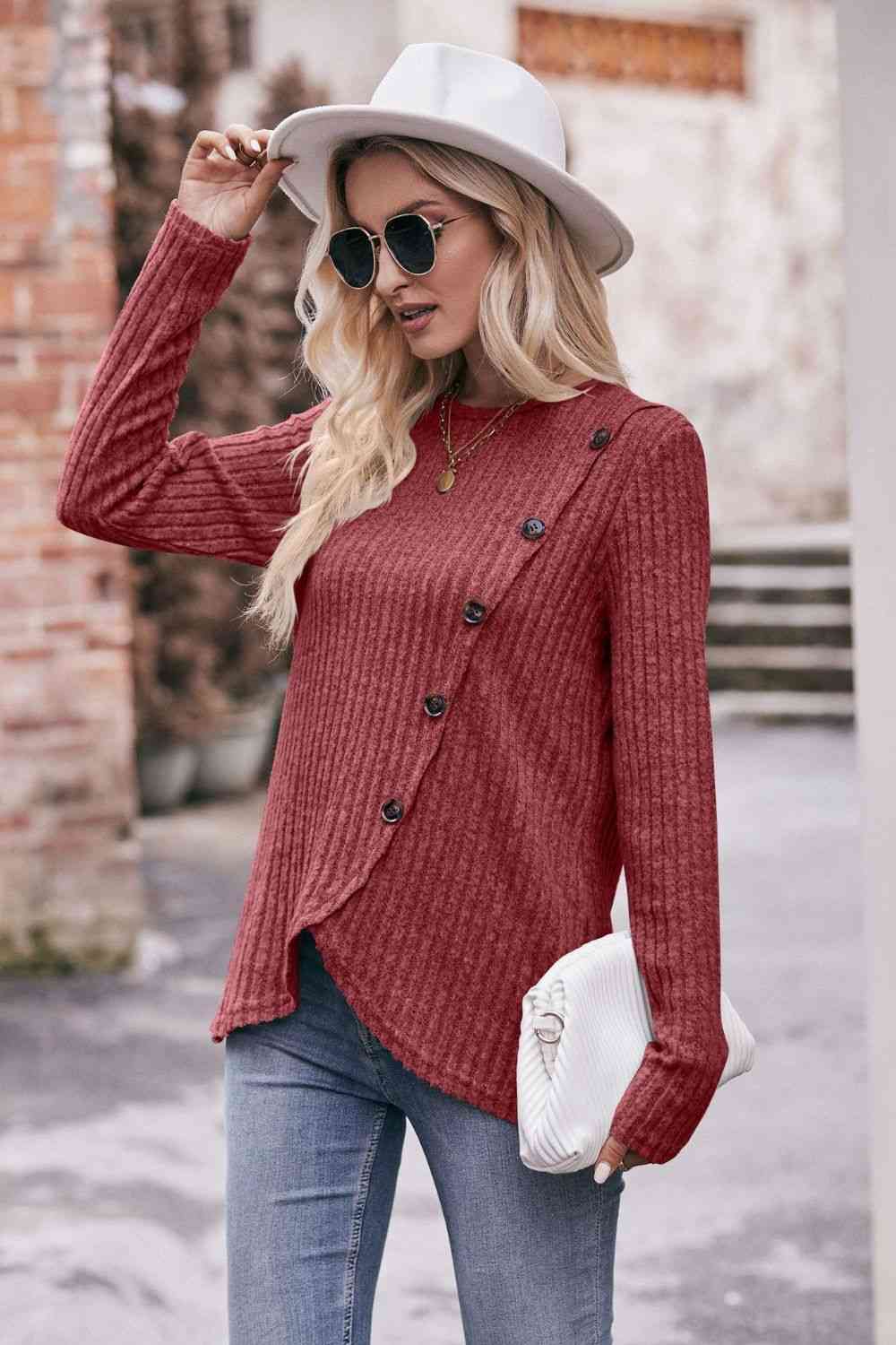 Double Take Ribbed Round Neck Buttoned Long Sleeve Tee