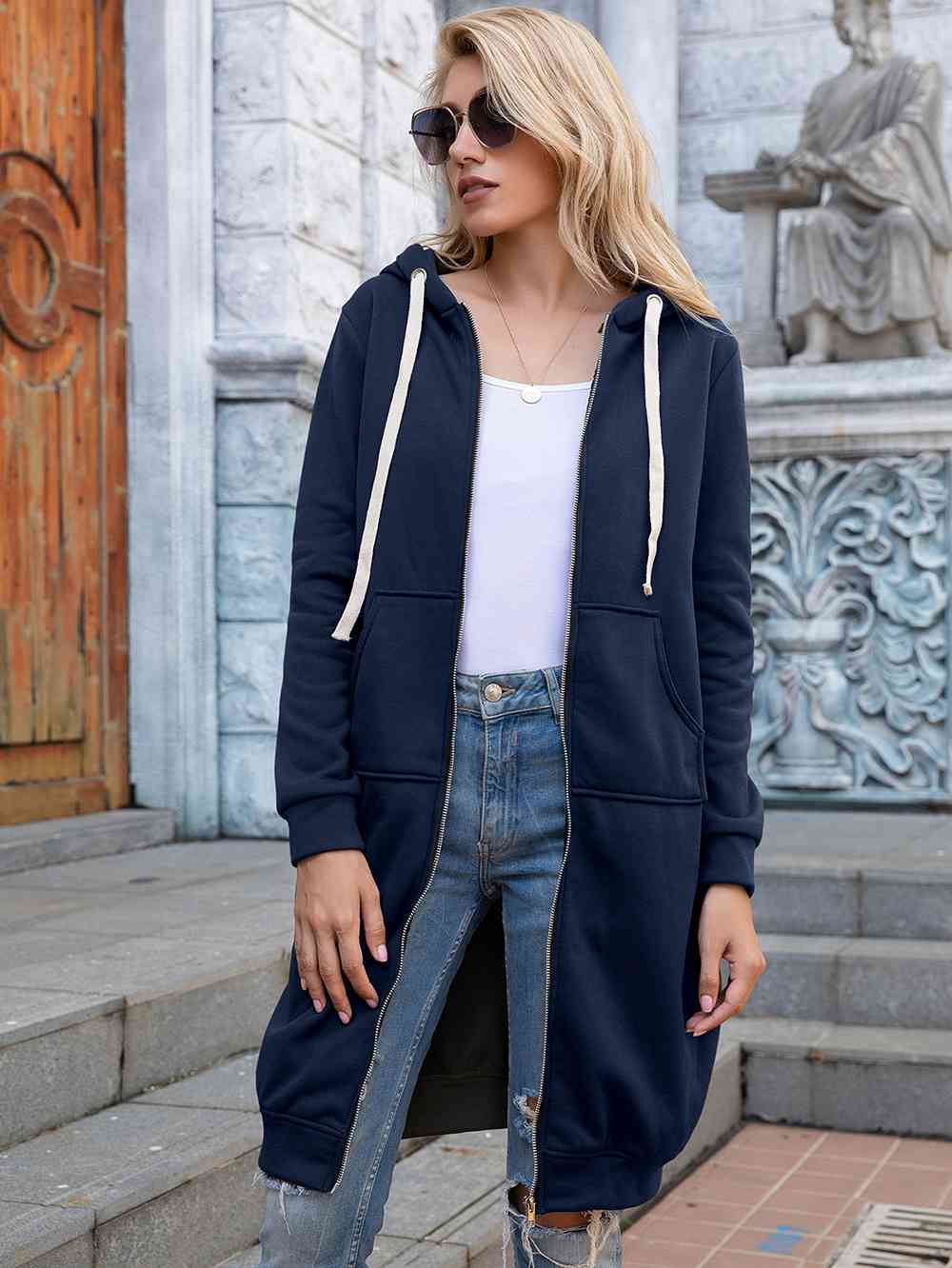 Zip-Up Longline Hoodie with Pockets - Create the impossible