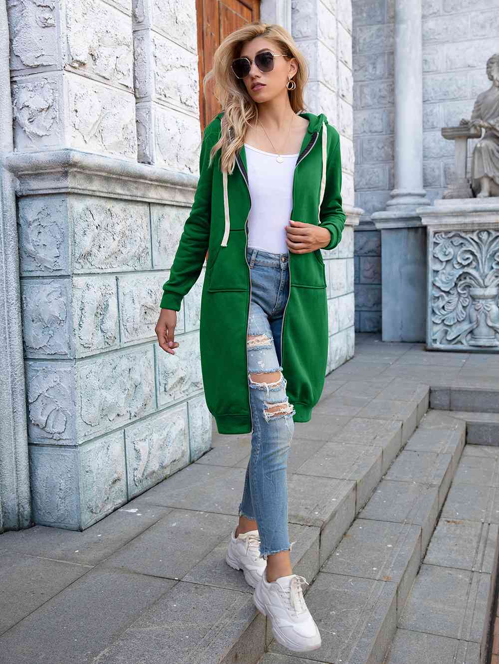 Zip-Up Longline Hoodie with Pockets - Create the impossible