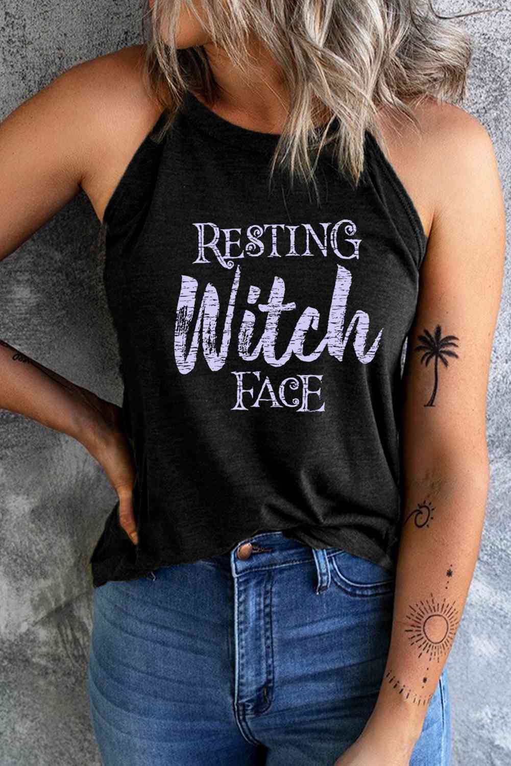 Round Neck RESTING WITCH FACE Graphic Tank Top