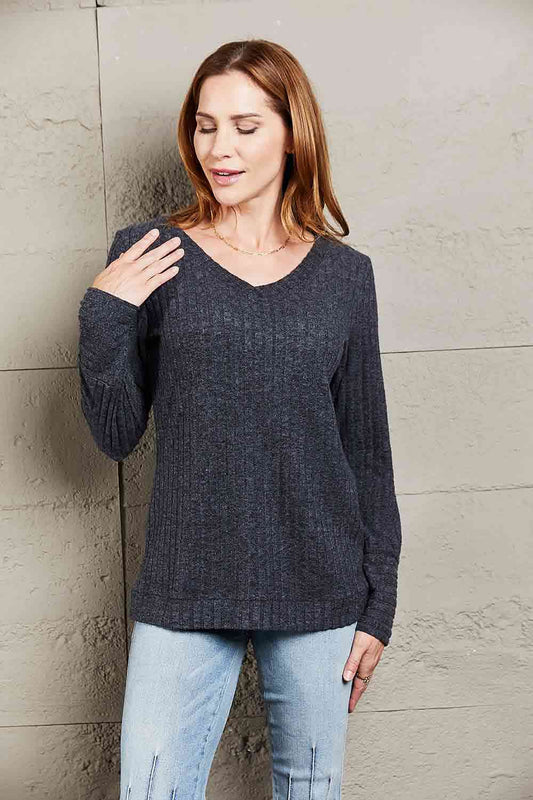 Double Take V-Neck Long Sleeve Ribbed Top - Create the impossible