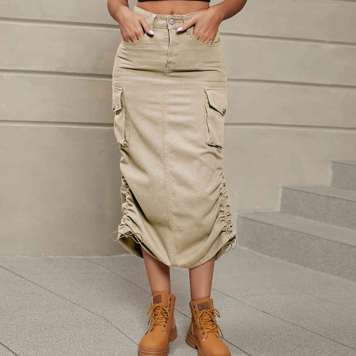 Drawstring Ruched Slit Denim Midi Skirt - Create the impossible