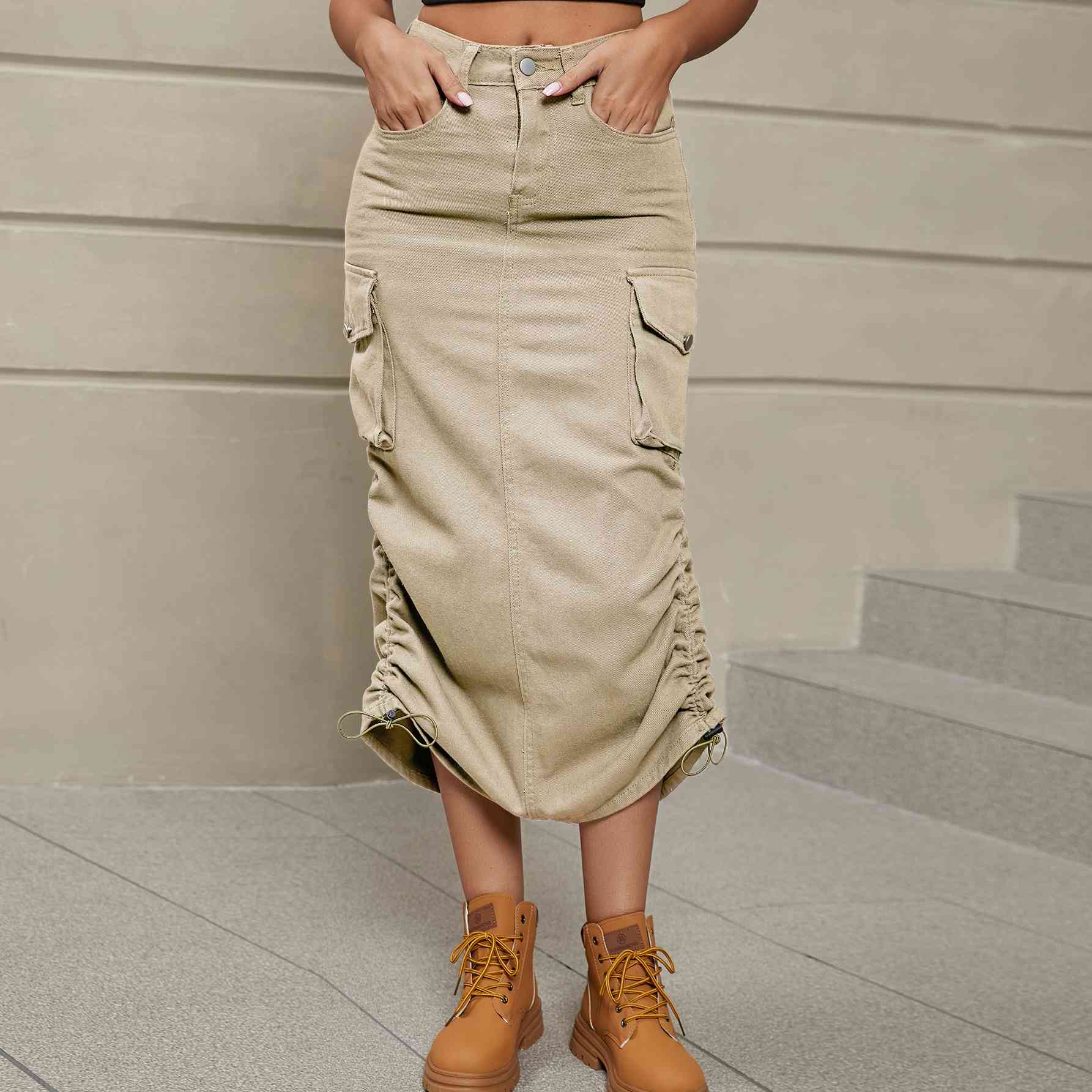 Drawstring Ruched Slit Denim Midi Skirt - Create the impossible
