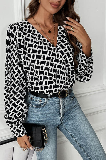 Geometric V-Neck Long Sleeve Blouse - Create the impossible