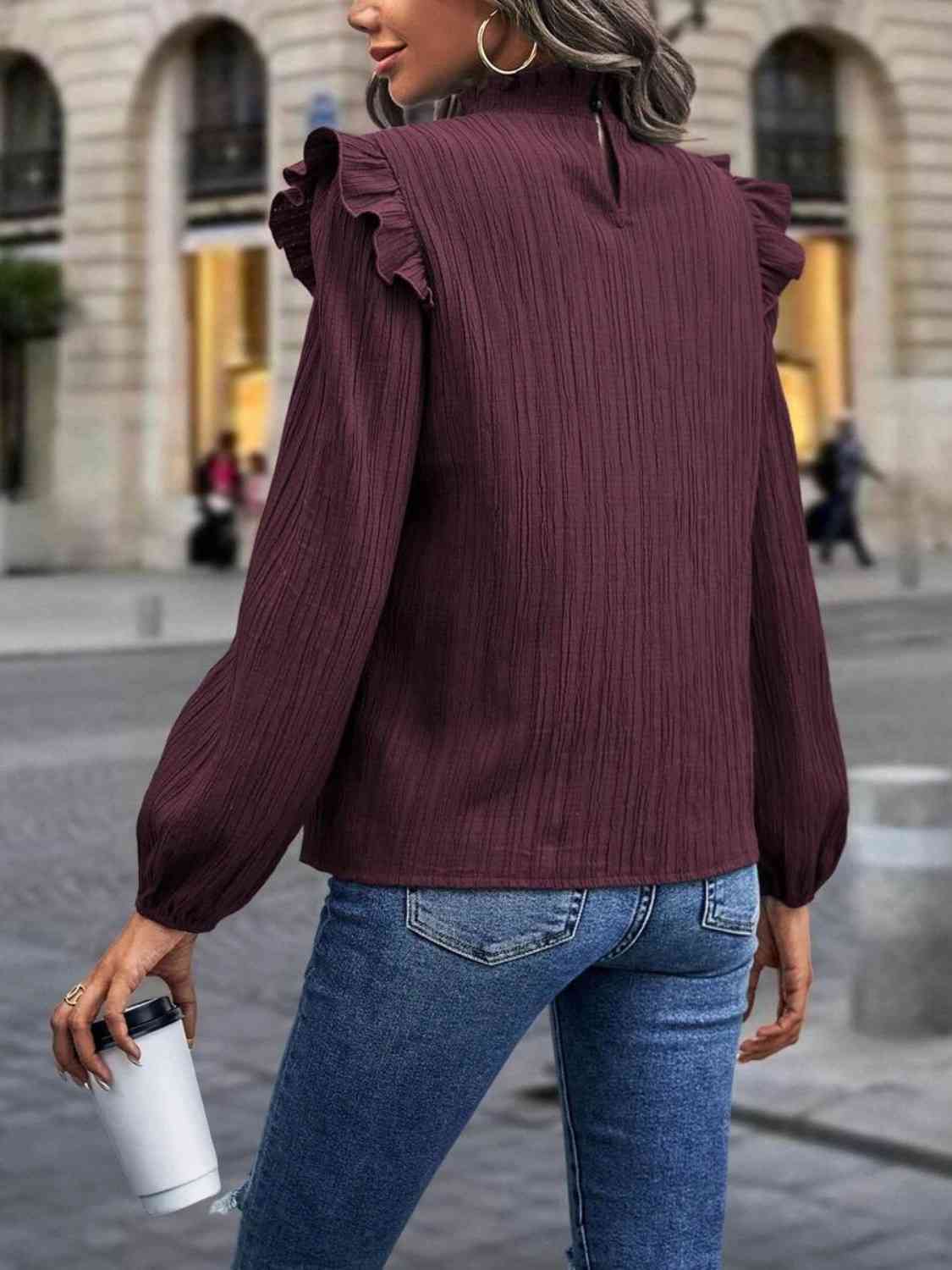 Mock Neck Ruffle Shoulder Blouse - Create the impossible