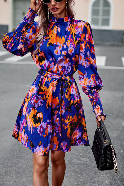 Printed Tie Waist Mock Neck Lantern Sleeve Dress