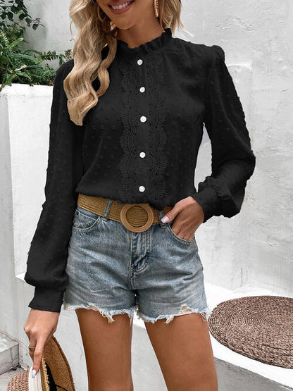 Double Take Swiss Dot Lace Trim Long Sleeve Shirt