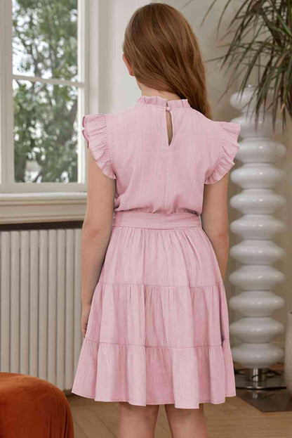 Frill Trim Tie Belt Tiered Dress