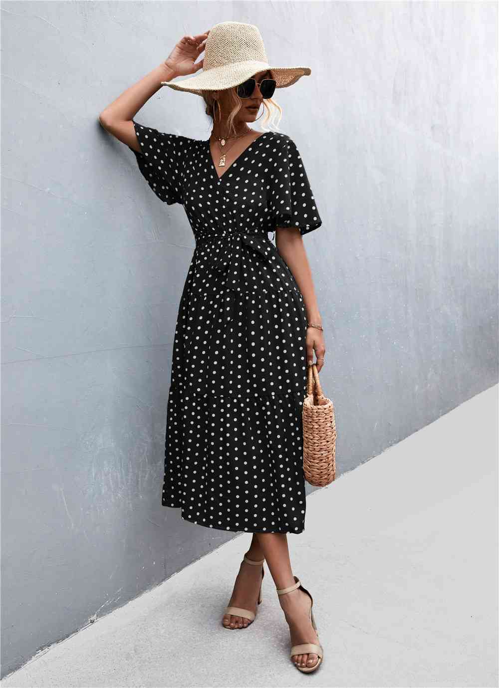 Printed V-Neck Flutter Sleeve Belted Dress - Create the impossible