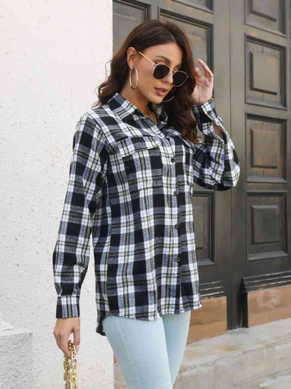 Plaid Collared Neck Buttoned Shirt with Pockets