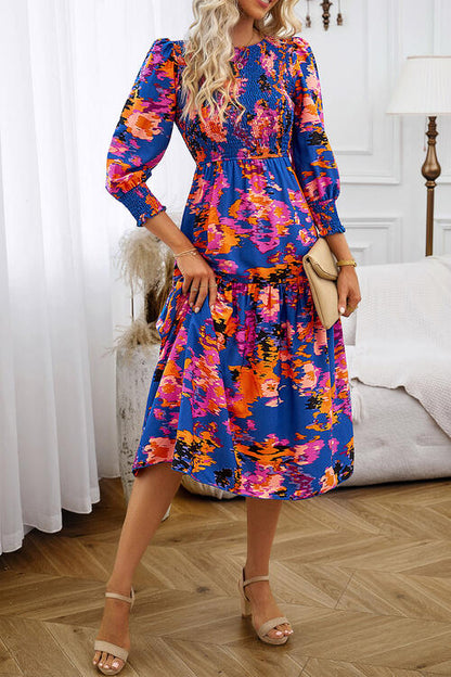 Printed Smocked Lantern Sleeve Ruffled Dress