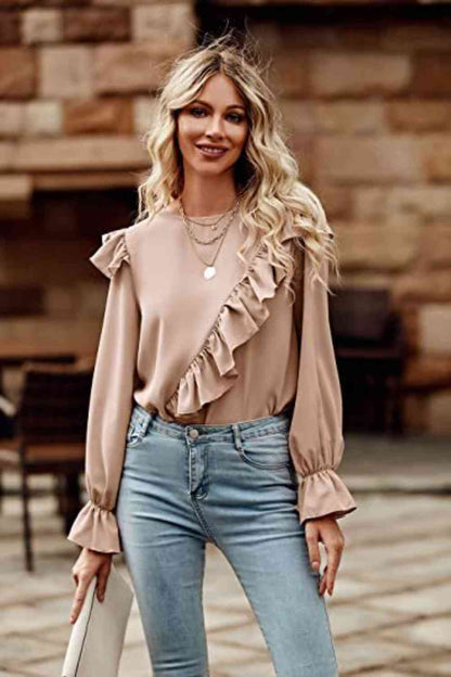 Ruffled Round Neck Long Sleeve Top - Create the impossible