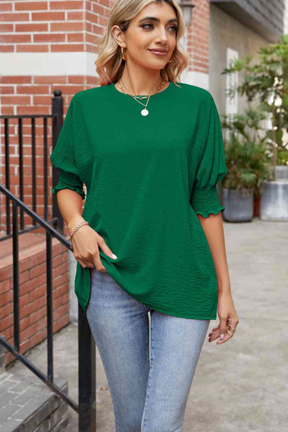 Round Neck Smocked Lantern Sleeve Blouse - Create the impossible