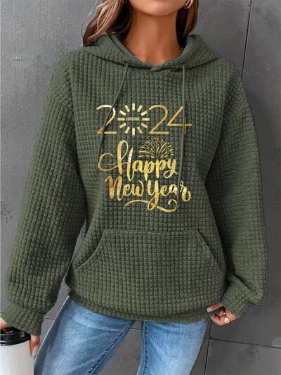 Full Size 2024 HAPPY NEW YEAR Waffle-Knit Hoodie