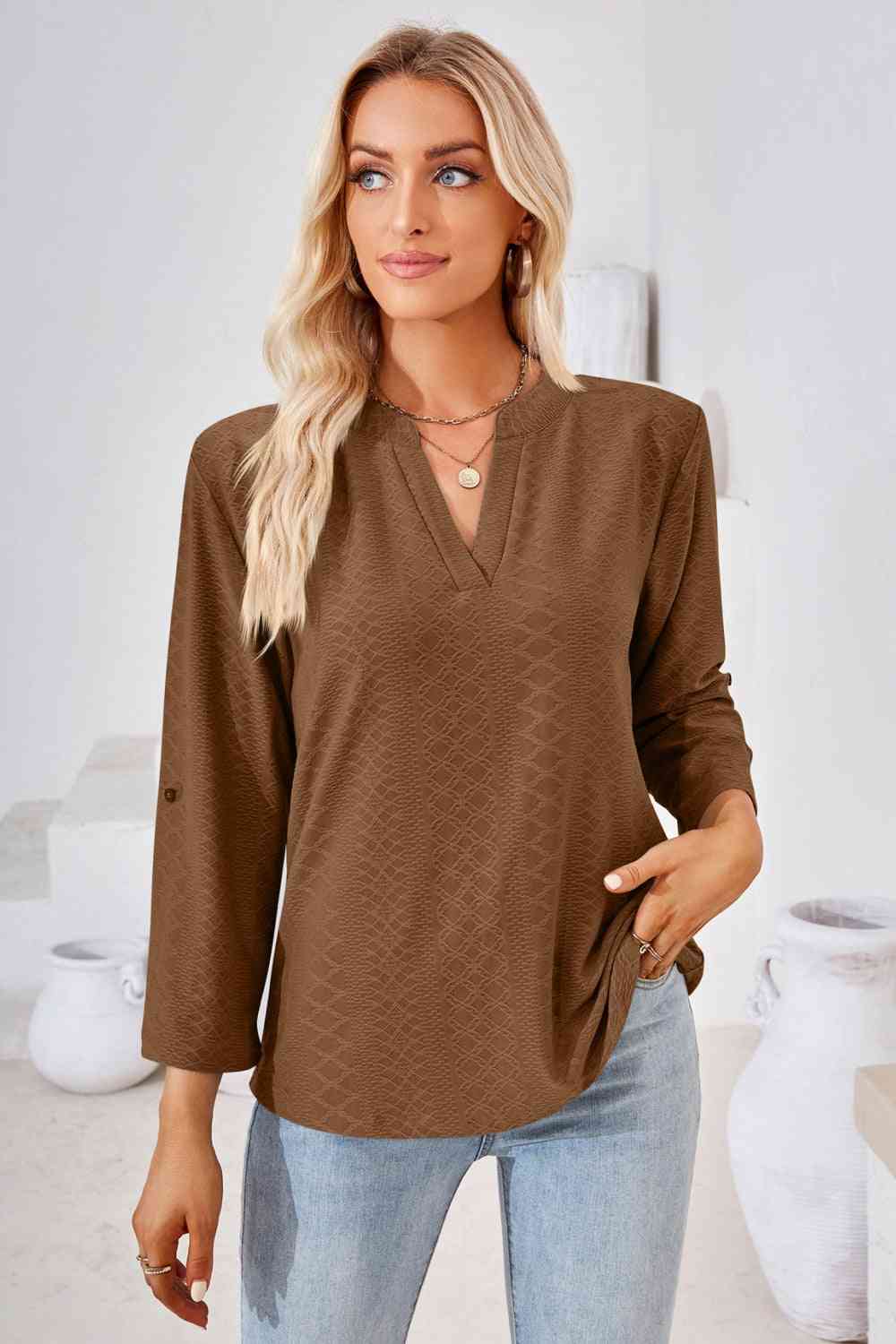 V-Neck Roll-Tap Sleeve Blouse - Create the impossible