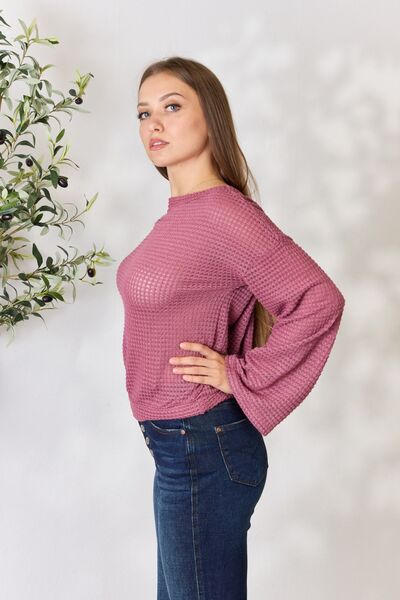 Culture Code Full Size Waffle-Knit Round Neck Long Sleeve Blouse - Create the impossible