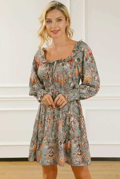 Printed Smocked Lantern Sleeve Tiered Dress