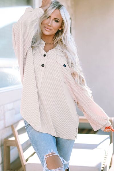 Collared Neck Half Button Long Sleeve Blouse - Create the impossible