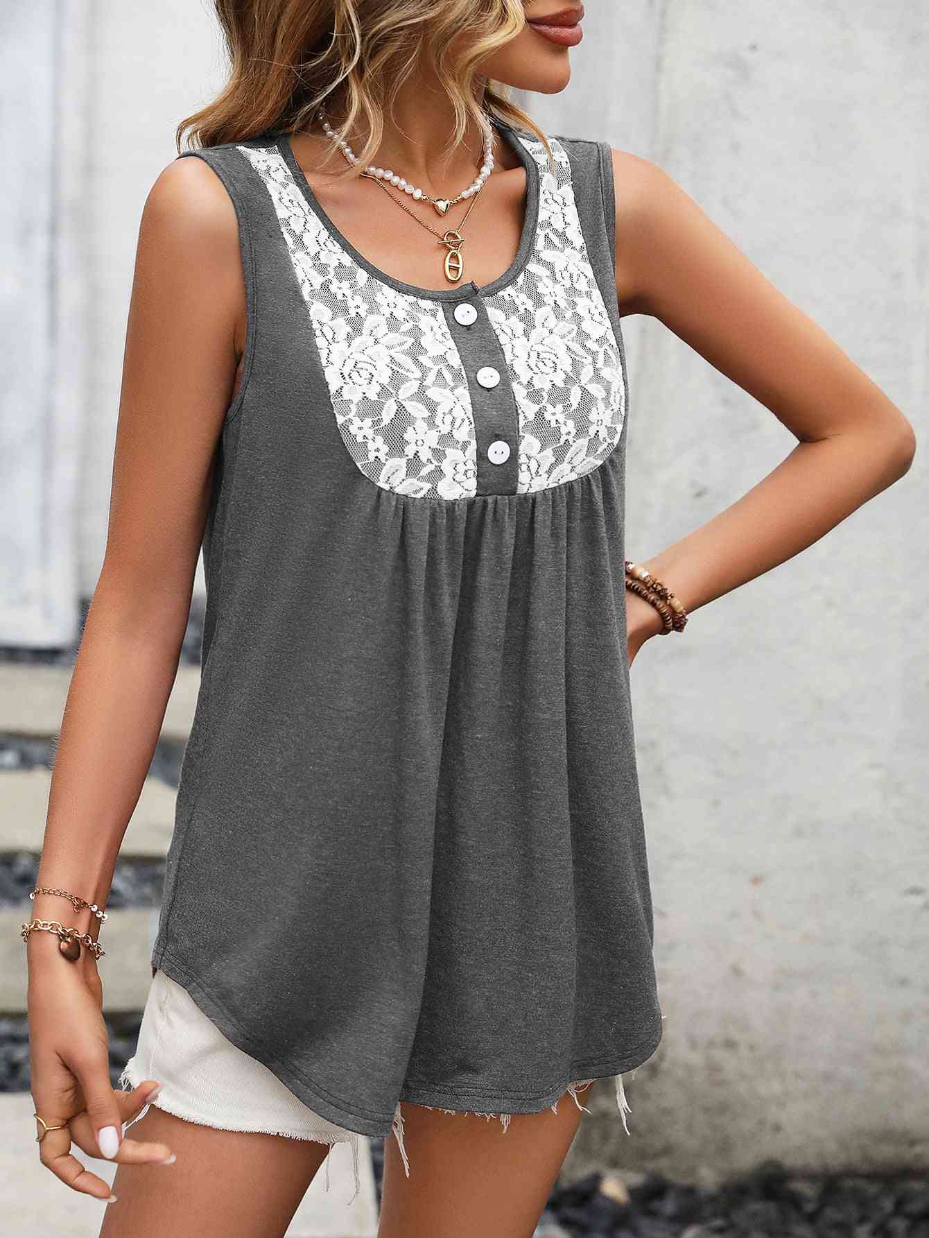 Lace Contrast Scoop Neck Tank