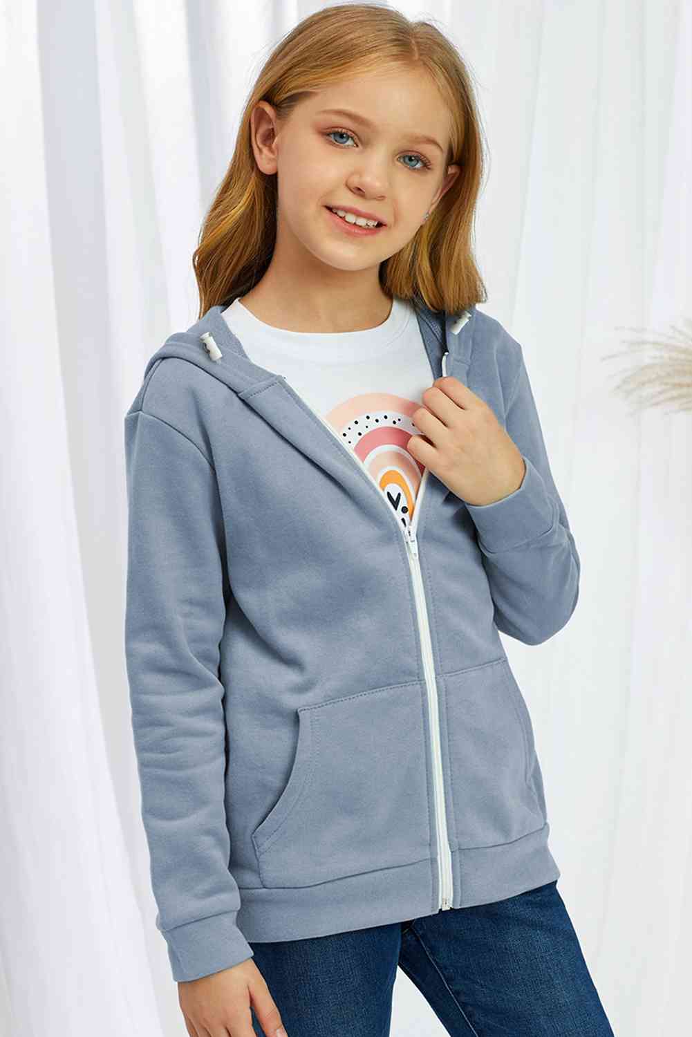 Girls Zip-Up Drawstring Hooded Jacket with Pockets