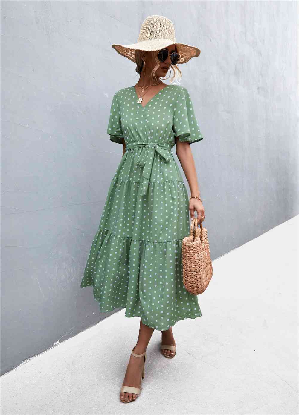 Printed V-Neck Flutter Sleeve Belted Dress - Create the impossible