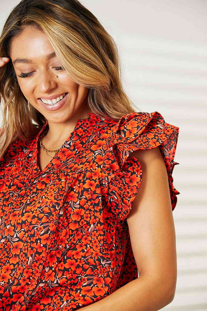 Double Take Floral Flutter Sleeve Notched Neck Blouse - Create the impossible