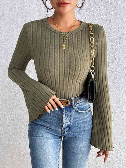 Ribbed Round Neck Flare Sleeve Top - Create the impossible