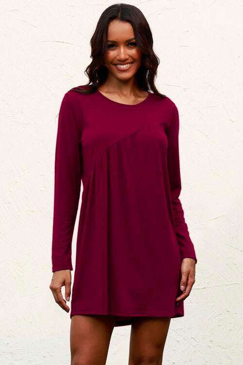 Ruched Round Neck Long Sleeve Dress