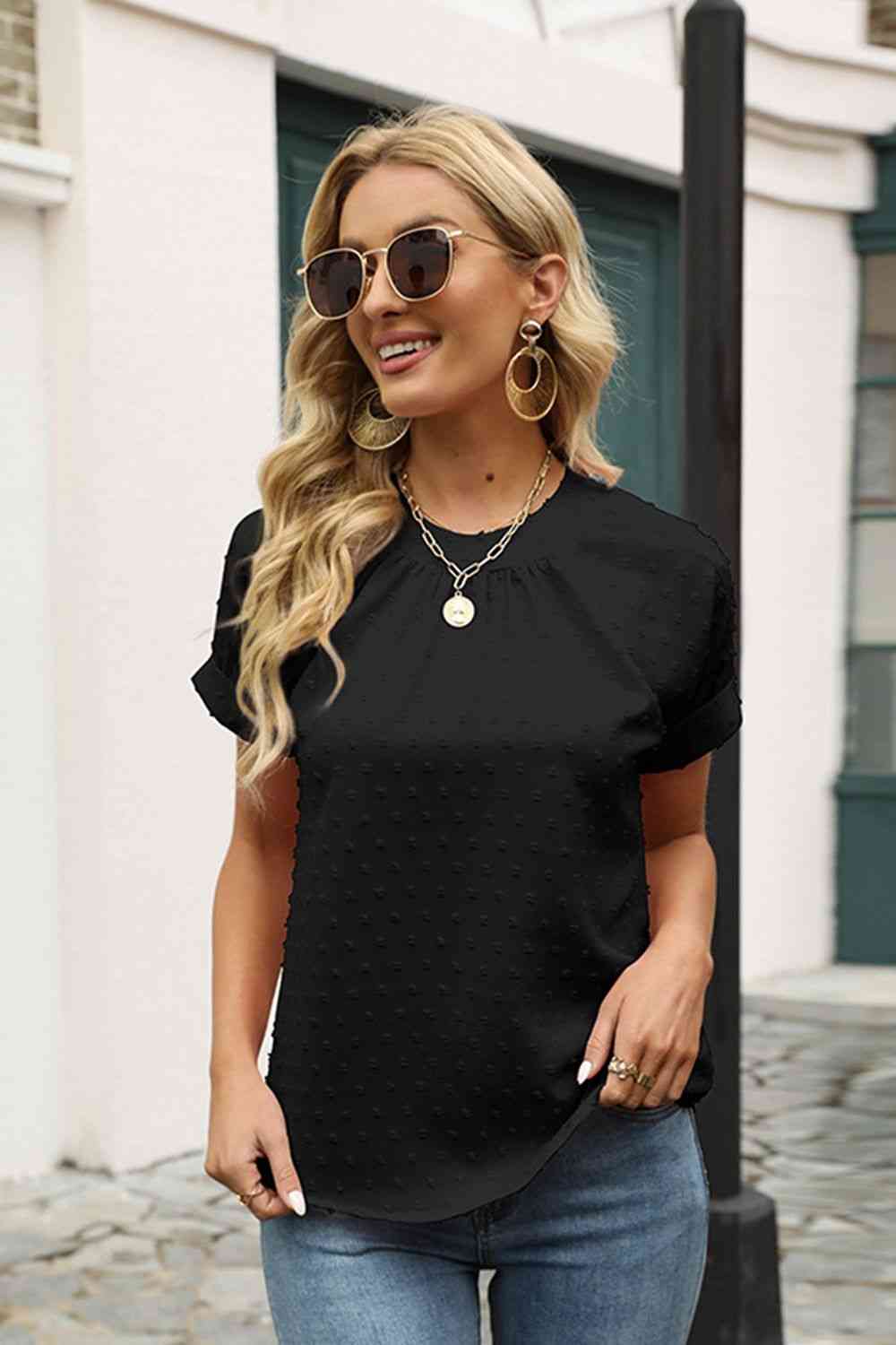 Swiss Dot Round Neck Short Sleeve Blouse - Create the impossible