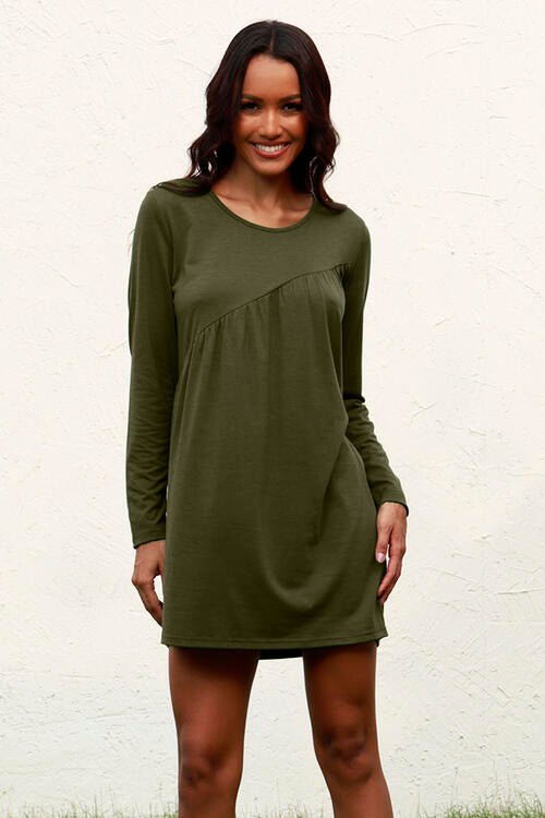 Ruched Round Neck Long Sleeve Dress