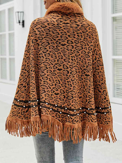 Leopard Fringe Hem Poncho