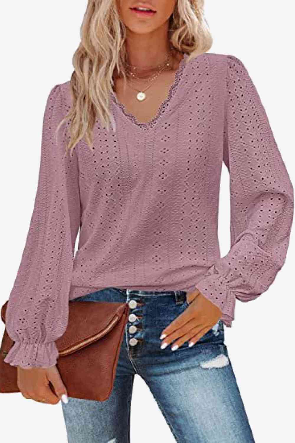 Eyelet V-Neck Flounce Sleeve Blouse - Create the impossible