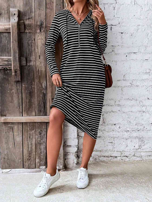 Striped Zip Front Hooded Dress