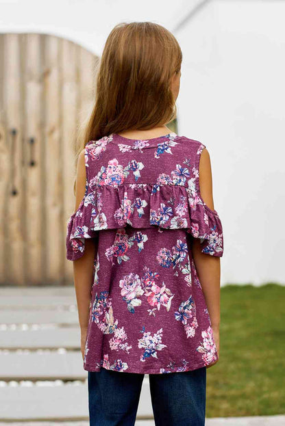 Girls Floral Cold-Shoulder Ruffled Top