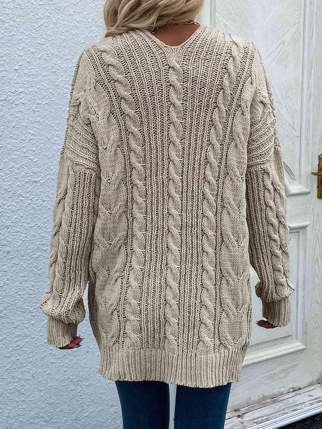 Woven Right Cable-Knit Open Front Cardigan with Front Pockets