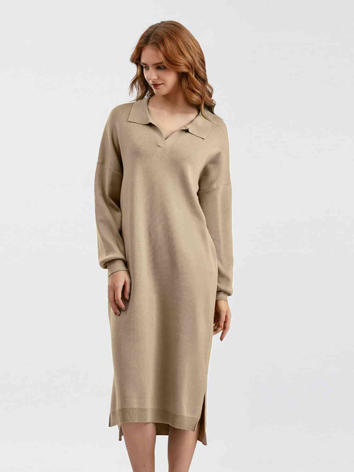 Johnny Collar Long Sleeve Slit Sweater Dress