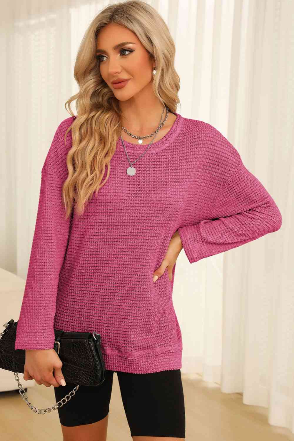 Waffle-Knit Round Neck Long Sleeve Sweatshirt - Create the impossible