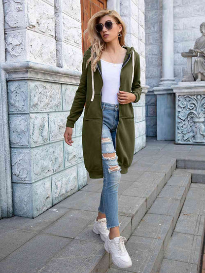 Zip-Up Longline Hoodie with Pockets - Create the impossible