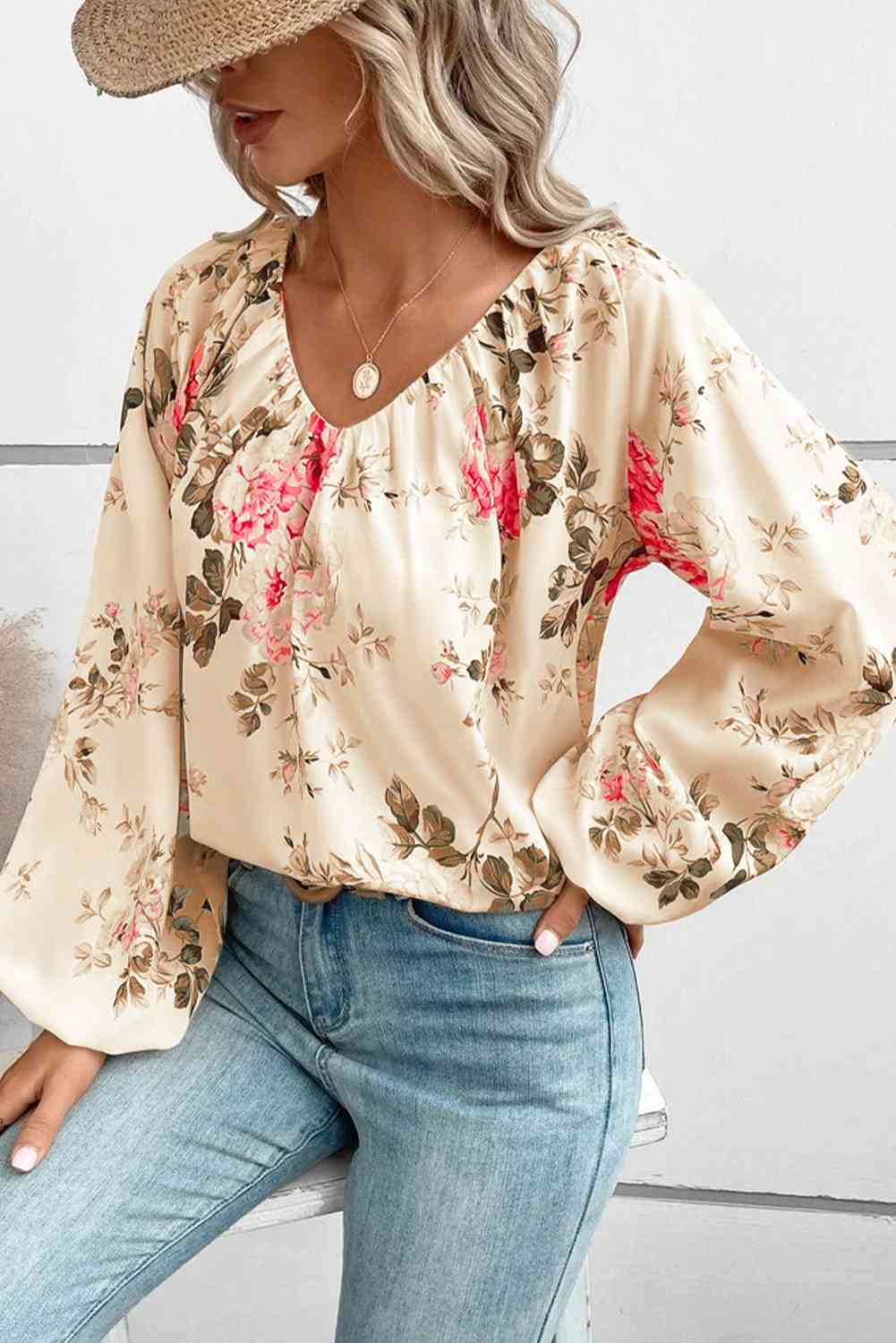 Floral V-Neck Balloon Sleeve Blouse - Create the impossible