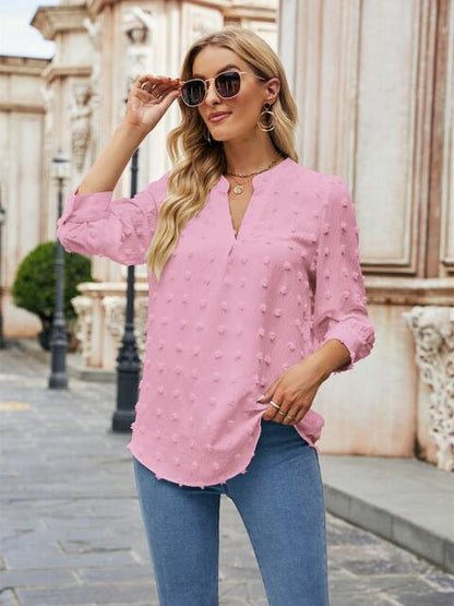 Swiss Dot Notched Neck Blouse