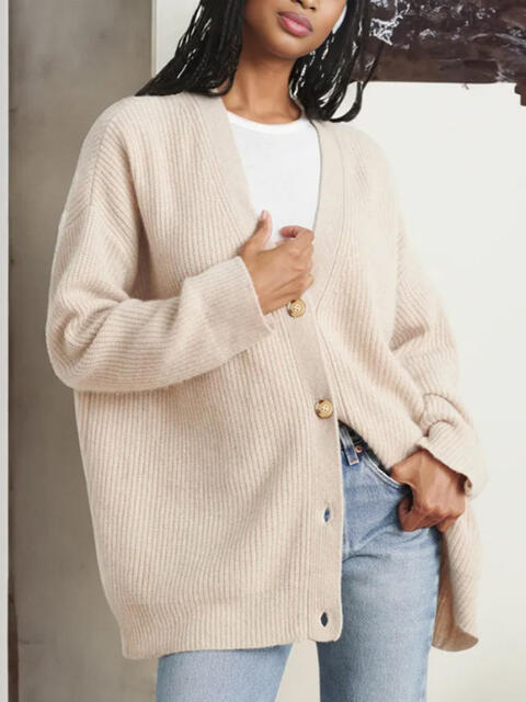 Full Size V-Neck Rib-Knit Cardigan