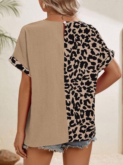 Leopard Contrast Round Neck Short Sleeve Top