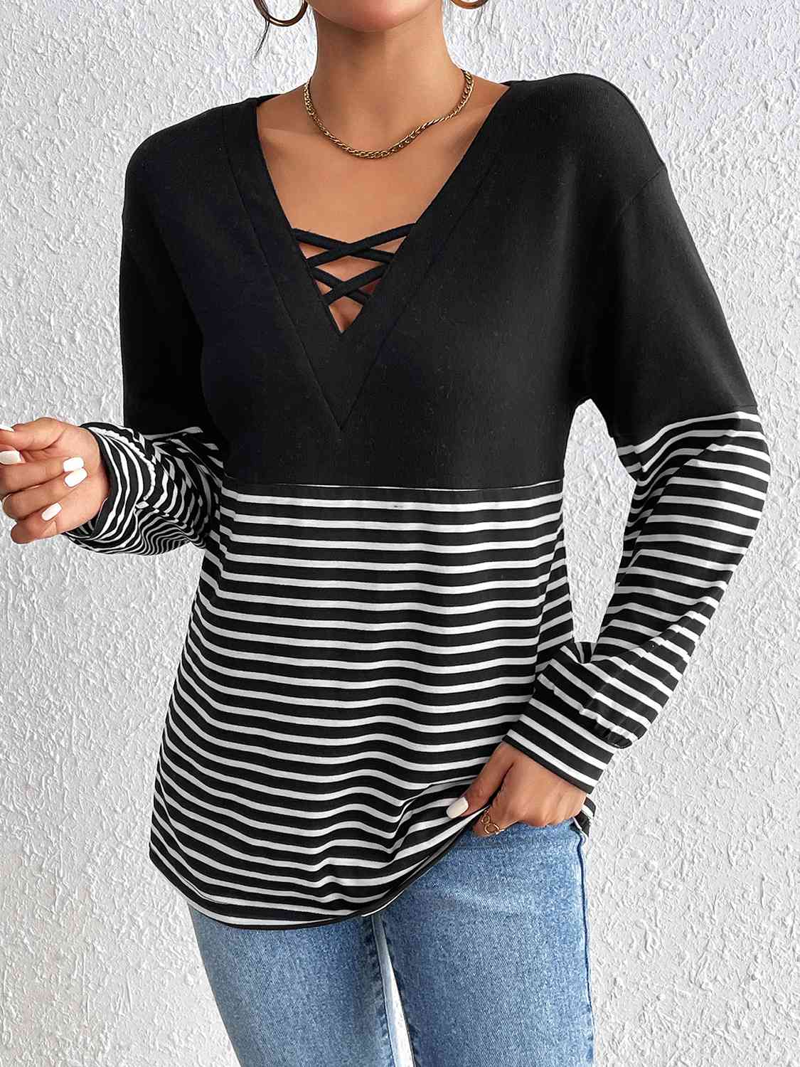 Striped Crisscross V-Neck Long Sleeve T-Shirt