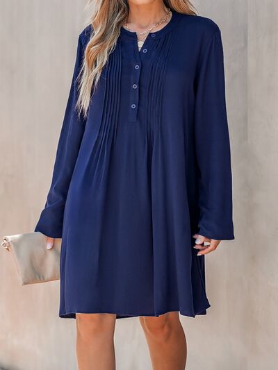 Plus Size Pleated Half Button Round Neck Dress