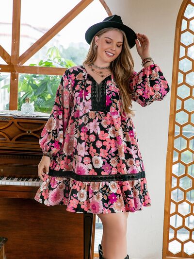 Plus Size Printed Tie Neck Ruffle Hem Dress