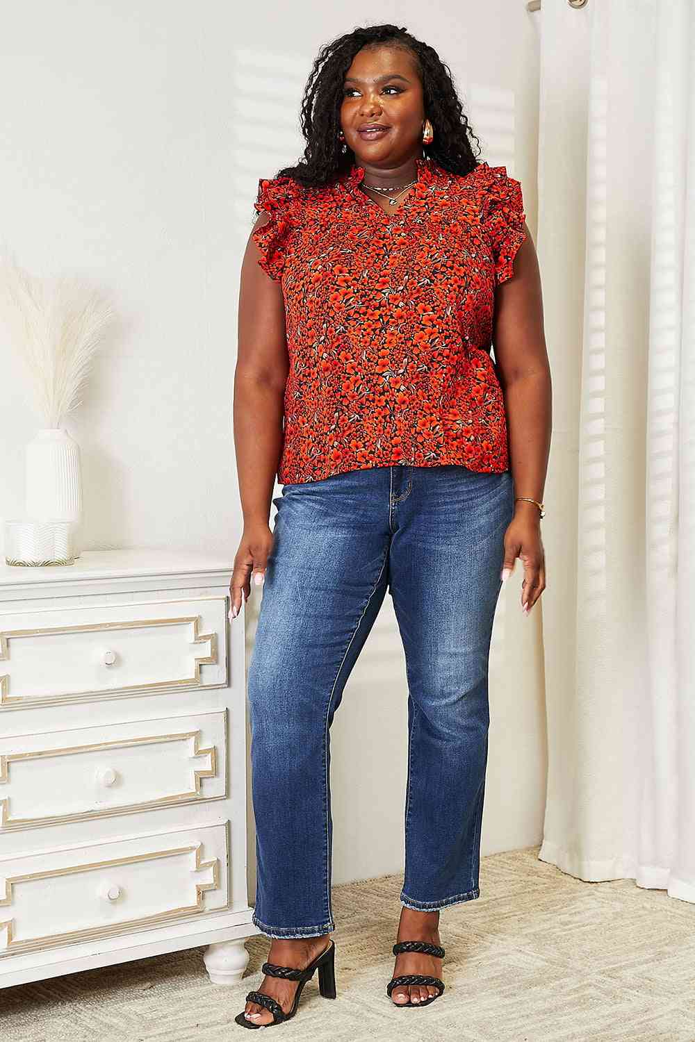 Double Take Floral Flutter Sleeve Notched Neck Blouse - Create the impossible