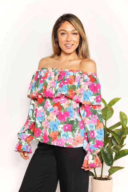 Double Take Floral Off-Shoulder Flounce Sleeve Layered Blouse - Create the impossible