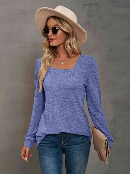 Heathered Square Neck Long Sleeve T-Shirt